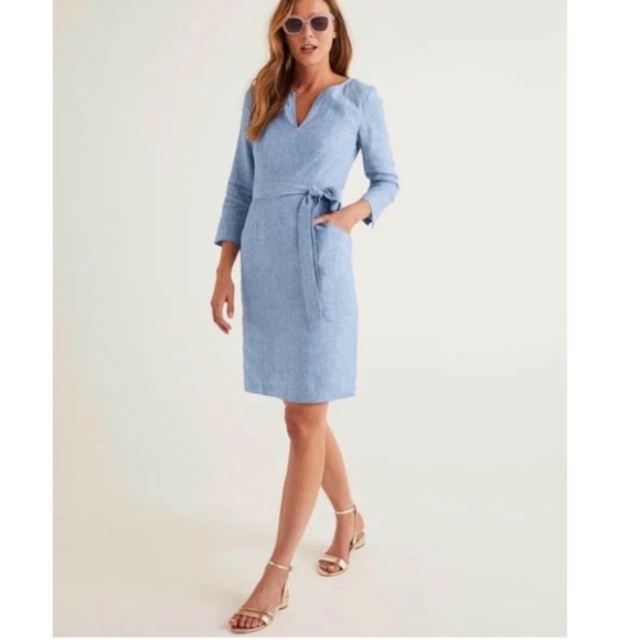 Boden Kelsey Tunic Dress Chambray Blue Linen 3/4 Sleeve Tie Belt Size 12 NWT - Picture 9 of 14
